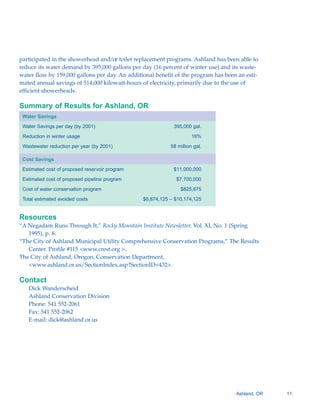 participated in the showerhead and/or toilet replacement programs. Ashland has been able to
reduce its water demand by 395,000 gallons per day (16 percent of winter use) and its waste-
water flow by 159,000 gallons per day. An additional benefit of the program has been an esti-
mated annual savings of 514,000 kilowatt-hours of electricity, primarily due to the use of
efficient showerheads.

Summary of Results for Ashland, OR
 Water Savings

 Water Savings per day (by 2001)                            395,000 gal.

 Reduction in winter usage                                           16%

 Wastewater reduction per year (by 2001)                   58 million gal.

 Cost Savings

 Estimated cost of proposed reservoir program               $11,000,000

 Estimated cost of proposed pipeline program                 $7,700,000

 Cost of water conservation program                            $825,875

 Total estimated avoided costs                  $6,874,125 – $10,174,125


Resources
“A Negadam Runs Through It,” Rocky Mountain Institute Newsletter. Vol. XI, No. 1 (Spring
   1995), p. 8.
“The City of Ashland Municipal Utility Comprehensive Conservation Programs,” The Results
   Center. Profile #115 <www.crest.org >.
The City of Ashland, Oregon, Conservation Department,
   <www.ashland.or.us/SectionIndex.asp?SectionID=432>.

Contact
   Dick Wanderscheid

   Ashland Conservation Division

   Phone: 541 552-2061

   Fax: 541 552-2062

   E-mail: dick@ashland.or.us





                                                                                    Ashland, OR   11
 