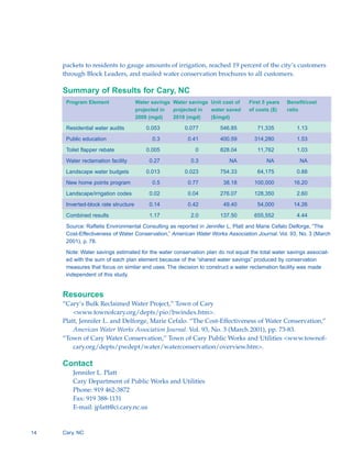 packets to residents to gauge amounts of irrigation, reached 19 percent of the city’s customers
     through Block Leaders, and mailed water conservation brochures to all customers.

     Summary of Results for Cary, NC
      Program Element	                Water savings Water savings Unit cost of   First 5 years   Benefit/cost
                                      projected in  projected in  water saved    of costs ($)    ratio
                                      2009 (mgd)    2019 (mgd)    ($/mgd)

      Residential water audits            0.053         0.077         546.85         71,335          1.13

      Public education	                     0.3          0.41         400.59       314,280           1.53

      Toilet flapper rebate               0.005             0         828.04         11,762          1.03

      Water reclamation facility           0.27            0.3           NA             NA            NA

      Landscape water budgets             0.013         0.023         754.33         64,175          0.88

      New home points program               0.5          0.77          38.18       100,000          16.20

      Landscape/irrigation codes           0.02          0.04         276.07       128,350           2.60

      Inverted-block rate structure        0.14          0.42          49.40         54,000         14.26

      Combined results                     1.17            2.0        137.50       655,552           4.44

      Source: Raftelis Environmental Consulting as reported in Jennifer L. Platt and Marie Cefalo Delforge, “The
      Cost-Effectiveness of Water Conservation,” American Water Works Association Journal. Vol. 93, No. 3 (March
      2001), p. 78.

      Note: Water savings estimated for the water conservation plan do not equal the total water savings associat­
      ed with the sum of each plan element because of the “shared water savings” produced by conservation
      measures that focus on similar end uses. The decision to construct a water reclamation facility was made
      independent of this study.


     Resources
     “Cary’s Bulk Reclaimed Water Project,” Town of Cary
         <www.townofcary.org/depts/pio/bwindex.htm>.
     Platt, Jennifer L. and Delforge, Marie Cefalo. “The Cost-Effectiveness of Water Conservation,”
         American Water Works Association Journal. Vol. 93, No. 3 (March 2001), pp. 73-83.
     “Town of Cary Water Conservation,” Town of Cary Public Works and Utilities <www.townof-
         cary.org/depts/pwdept/water/waterconservation/overview.htm>.

     Contact
         Jennifer L. Platt

         Cary Department of Public Works and Utilities

         Phone: 919 462-3872

         Fax: 919 388-1131

         E-mail: jplatt@ci.cary.nc.us




14   Cary, NC
 