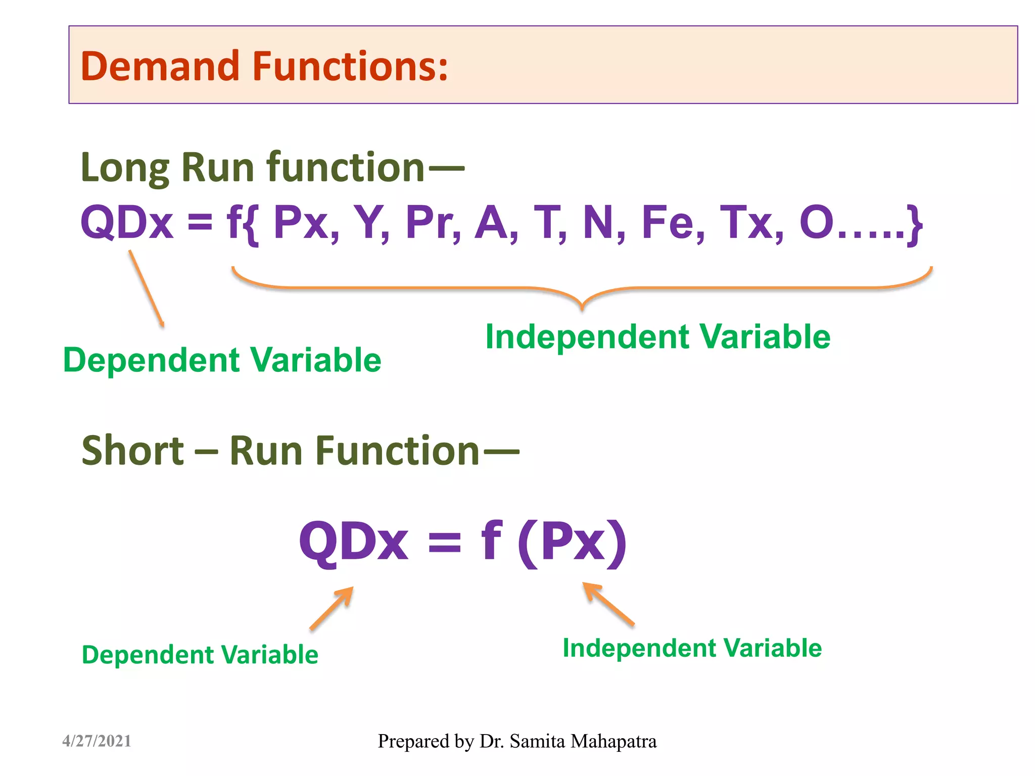 Demand Functions:
Prepared by Dr. Samita Mahapatra
Long Run function—
QDx = f{ Px, Y, Pr, A, T, N, Fe, Tx, O…..}
Independent Variable
Dependent Variable
Short – Run Function—
QDx = f (Px)
Dependent Variable Independent Variable
4/27/2021
 
