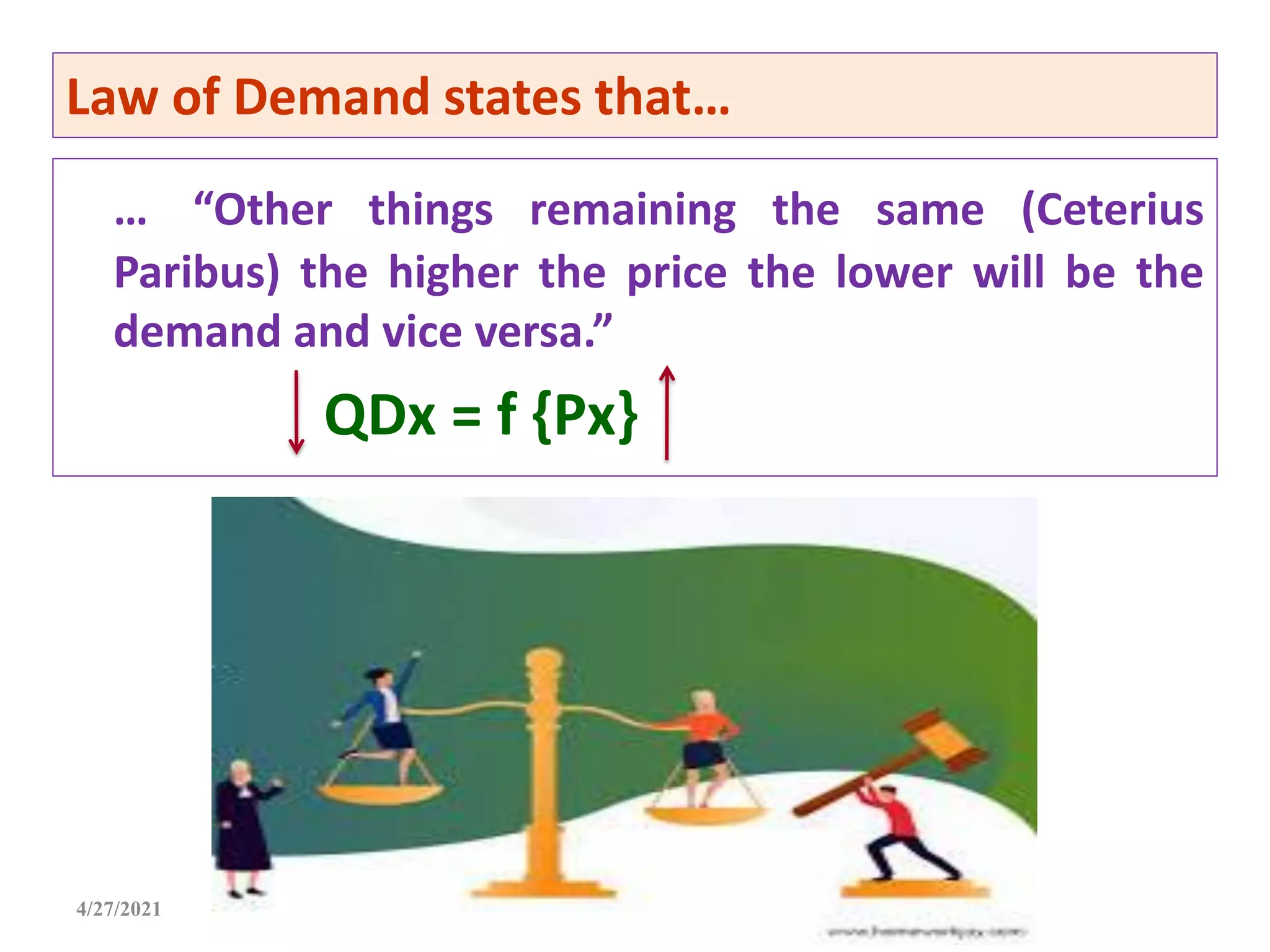 Prepared by Dr. Samita Mahapatra
Law of Demand states that…
… “Other things remaining the same (Ceterius
Paribus) the higher the price the lower will be the
demand and vice versa.”
QDx = f {Px}
4/27/2021
 