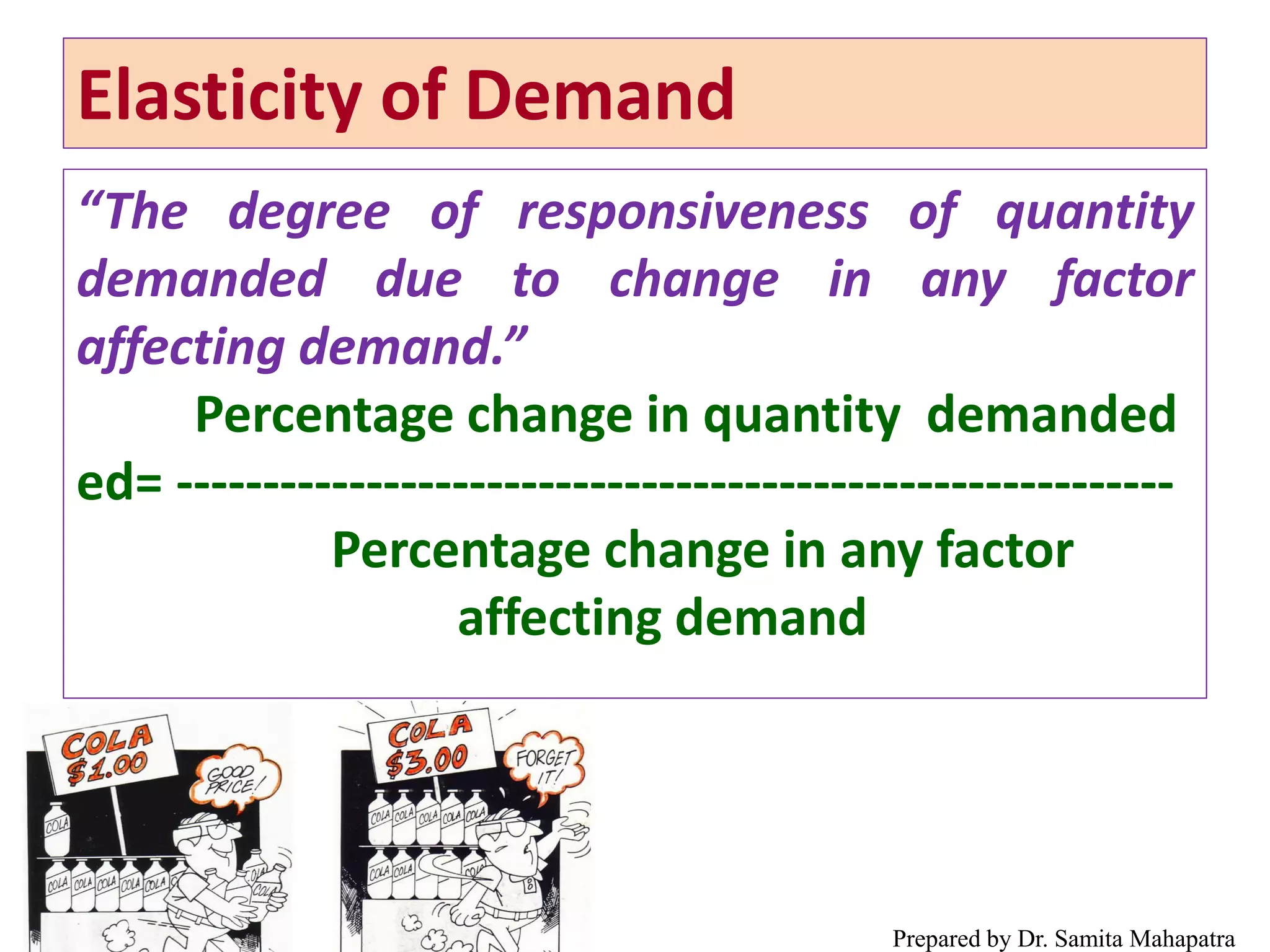 Elasticity of Demand
“The degree of responsiveness of quantity
demanded due to change in any factor
affecting demand.”
Percentage change in quantity demanded
ed= ----------------------------------------------------------
Percentage change in any factor
affecting demand
Prepared by Dr. Samita Mahapatra
4/27/2021
 