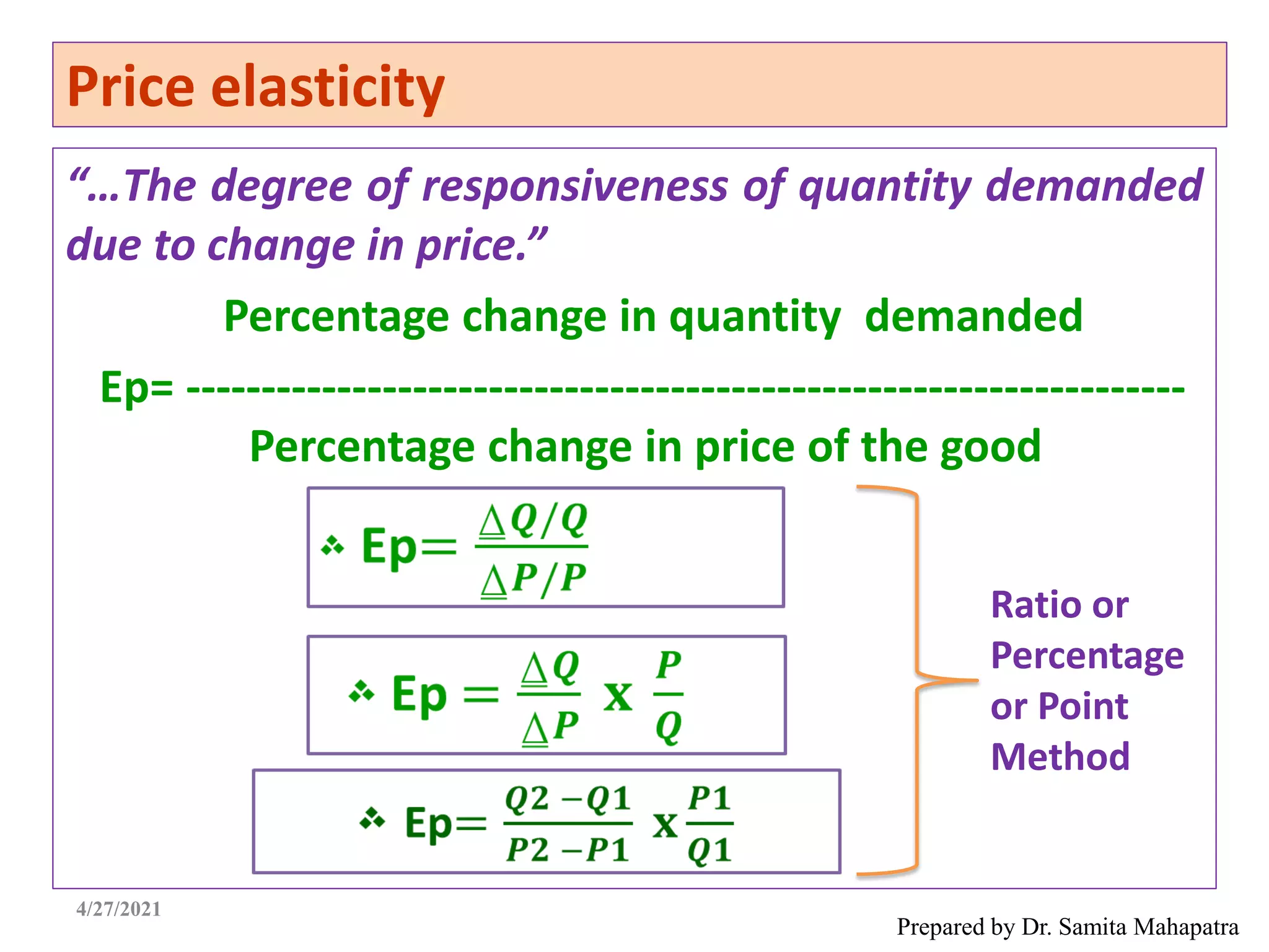 Price elasticity
“…The degree of responsiveness of quantity demanded
due to change in price.”
Percentage change in quantity demanded
Ep= ------------------------------------------------------------------
Percentage change in price of the good
Prepared by Dr. Samita Mahapatra
4/27/2021
Ratio or
Percentage
or Point
Method
 