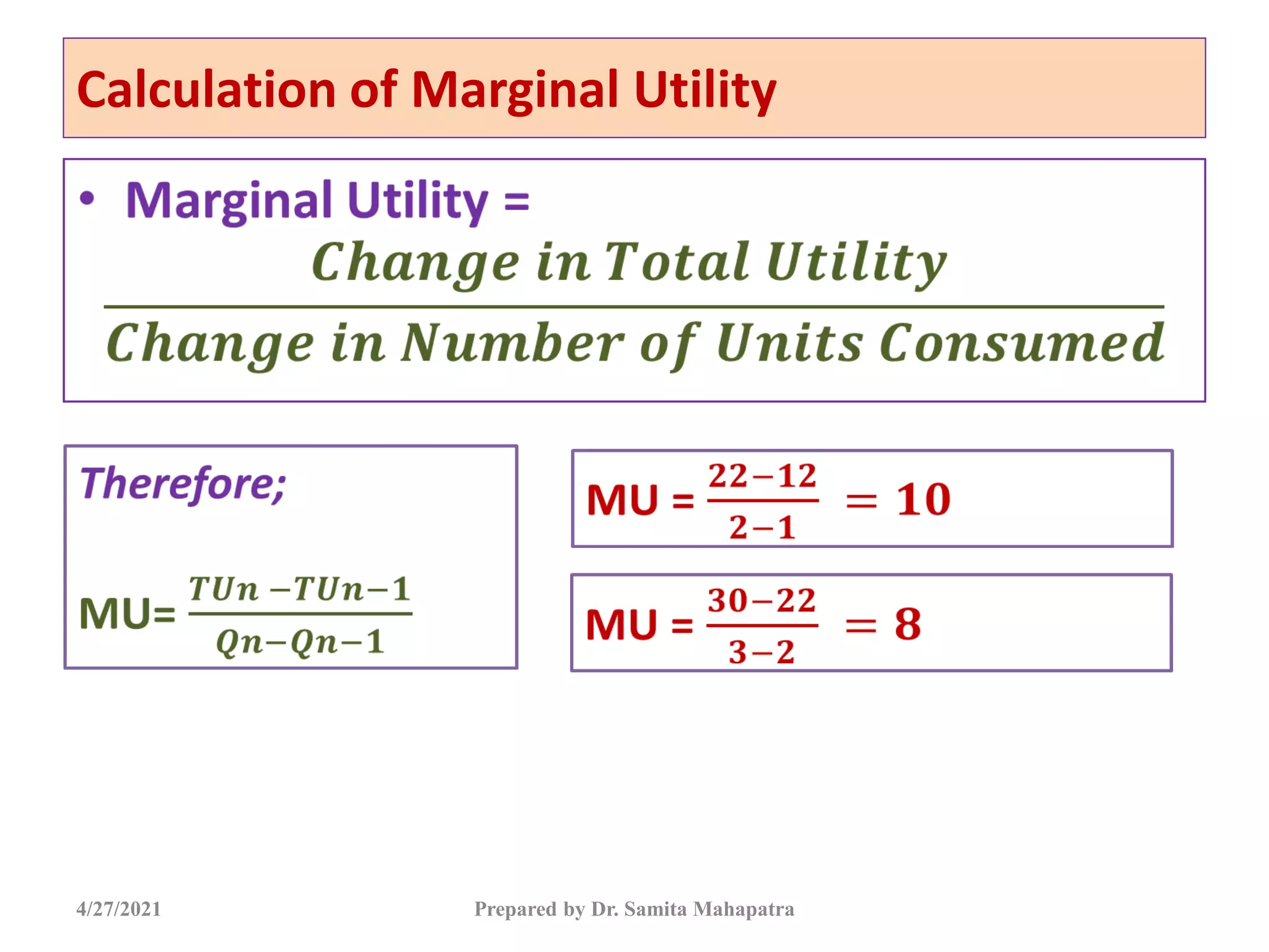 Calculation of Marginal Utility
4/27/2021 Prepared by Dr. Samita Mahapatra
 