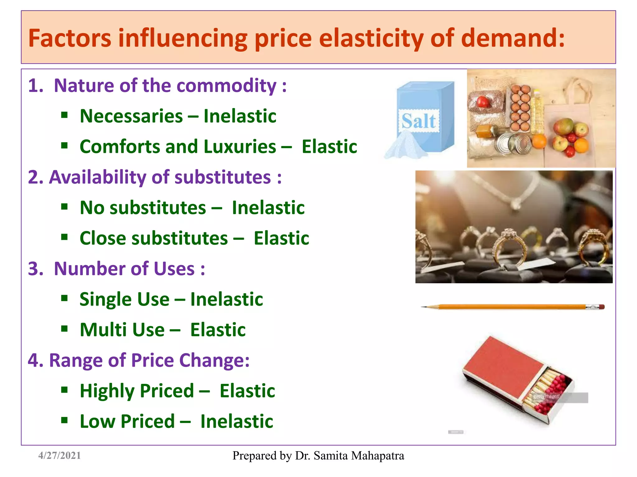 Factors influencing price elasticity of demand:
1. Nature of the commodity :
 Necessaries – Inelastic
 Comforts and Luxuries – Elastic
2. Availability of substitutes :
 No substitutes – Inelastic
 Close substitutes – Elastic
3. Number of Uses :
 Single Use – Inelastic
 Multi Use – Elastic
4. Range of Price Change:
 Highly Priced – Elastic
 Low Priced – Inelastic
Prepared by Dr. Samita Mahapatra
4/27/2021
 