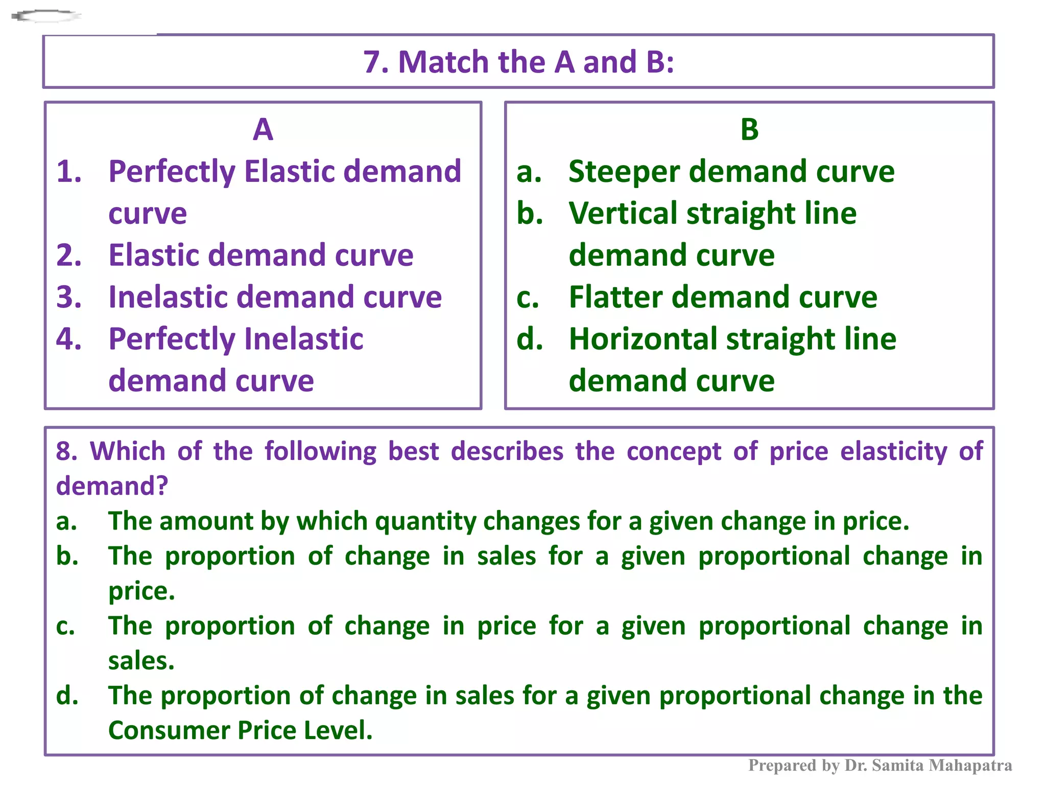 4/27/2021
Prepared by Dr. Samita Mahapatra
7. Match the A and B:
A
1. Perfectly Elastic demand
curve
2. Elastic demand curve
3. Inelastic demand curve
4. Perfectly Inelastic
demand curve
B
a. Steeper demand curve
b. Vertical straight line
demand curve
c. Flatter demand curve
d. Horizontal straight line
demand curve
8. Which of the following best describes the concept of price elasticity of
demand?
a. The amount by which quantity changes for a given change in price.
b. The proportion of change in sales for a given proportional change in
price.
c. The proportion of change in price for a given proportional change in
sales.
d. The proportion of change in sales for a given proportional change in the
Consumer Price Level.
 