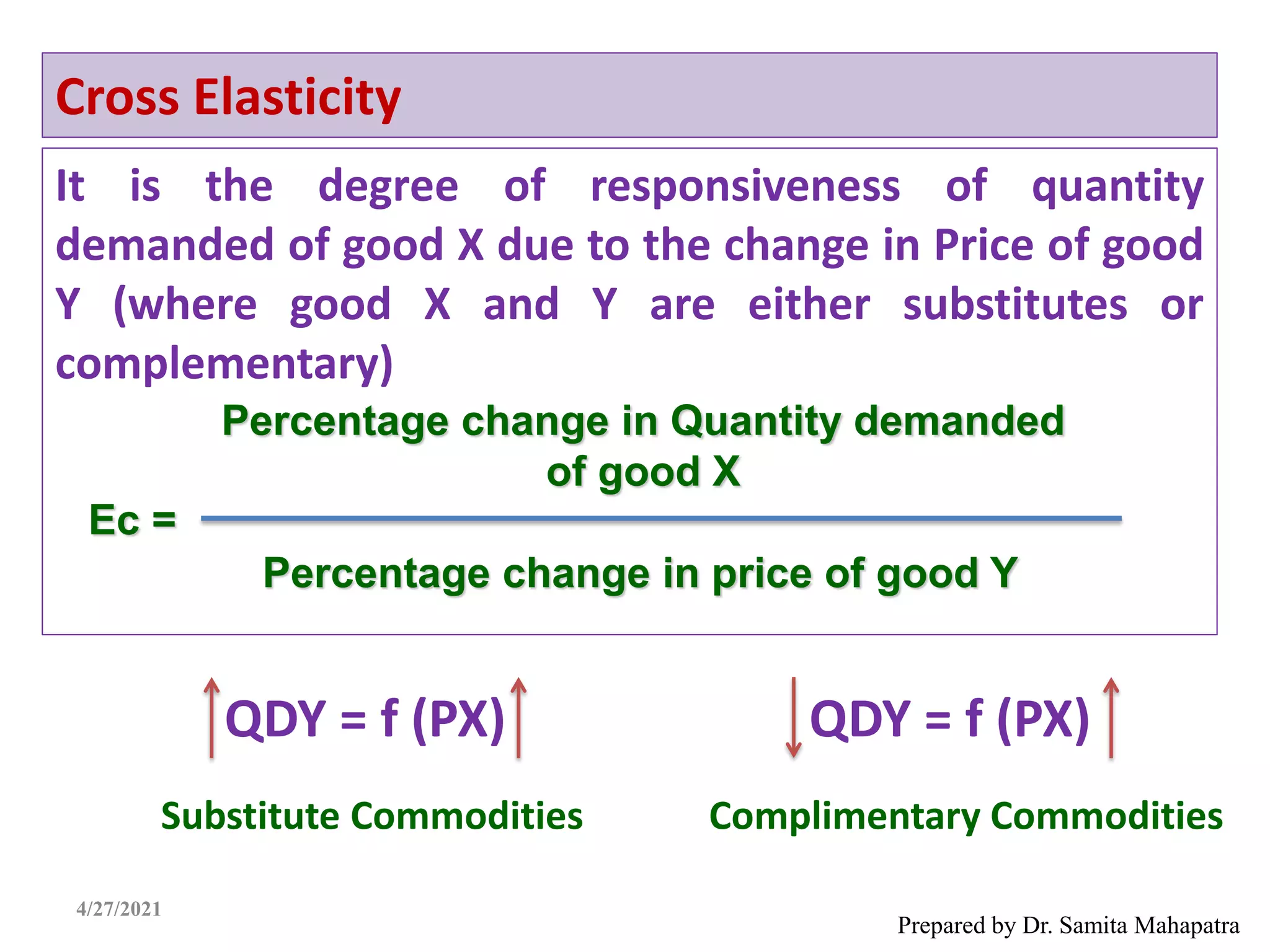 Cross Elasticity
It is the degree of responsiveness of quantity
demanded of good X due to the change in Price of good
Y (where good X and Y are either substitutes or
complementary)
Prepared by Dr. Samita Mahapatra
Percentage change in Quantity demanded
of good X
Percentage change in price of good Y
Ec =
4/27/2021
QDY = f (PX) QDY = f (PX)
Substitute Commodities Complimentary Commodities
 