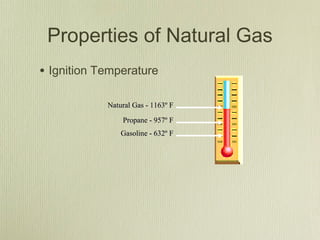 Properties of Natural Gas
• Ignition Temperature

            Natural Gas - 1163º F

                Propane - 957º F
                Gasoline - 632º F
 