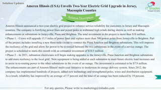 Solution Updates
IT Shades
Engage & Enable
Ameren Illinois (USA) Unveils Two-Year Electric Grid Upgrade in Jersey,
Macoupin Counties
For any queries, Please write to marketing@itshades.com
17
Solution Description
Ameren Illinois announced a two-year electric grid project to enhance service reliability for customers in Jersey and Macoupin
counties. The company is fortifying power lines and power poles to withstand high winds during storms as well as making
enhancements at substations in Jerseyville, Piasa and Brighton. The total investment in the project is more than $18 million.
• Phase 1 – Crews will upgrade 13.5 miles of power lines and replace more than 300 power poles from Jerseyville to Brighton. Part
of the project includes installing a new three-mile circuit to connect the Piasa Junction and Brighton substations. This will improve
the resiliency of the grid and allow for power to be re-routed between the two substations in the event of a service outage. The
project is scheduled to starts this month with an estimated investment of $10.5 million.
• Phase 2 – In 2021, substation electricians will begin making upgrades to the Jerseyville, Piasa Junction and Brighton substations
to add more resiliency to the local grid. New equipment is being added at each substation to meet future electric load increases and
to assist in re-routing power to the other substations in the event of an outage. The investment is estimated to be $7.9 million.
The enhancements are part of Ameren Illinois' multi-year initiative to modernize its energy delivery system. Since 2012, the
company has implemented hundreds of projects, added new technology and strengthened poles, wires and distribution equipment.
As a result, reliability has improved by an average of 17 percent and the time of an outage has been reduced by 19 percent.
 