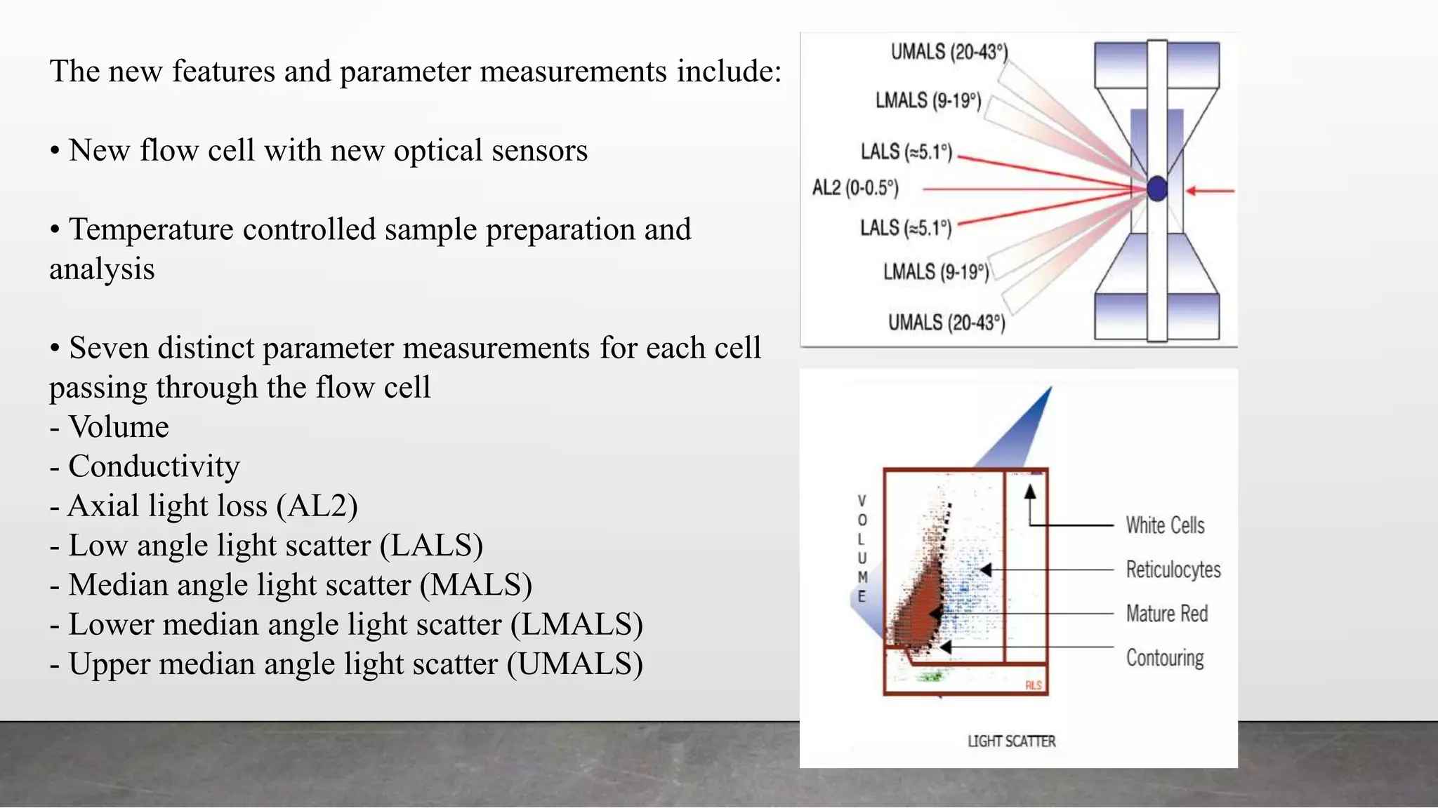 The new features and parameter measurements include:
• New flow cell with new optical sensors
• Temperature controlled sample preparation and
analysis
• Seven distinct parameter measurements for each cell
passing through the flow cell
- Volume
- Conductivity
- Axial light loss (AL2)
- Low angle light scatter (LALS)
- Median angle light scatter (MALS)
- Lower median angle light scatter (LMALS)
- Upper median angle light scatter (UMALS)
 