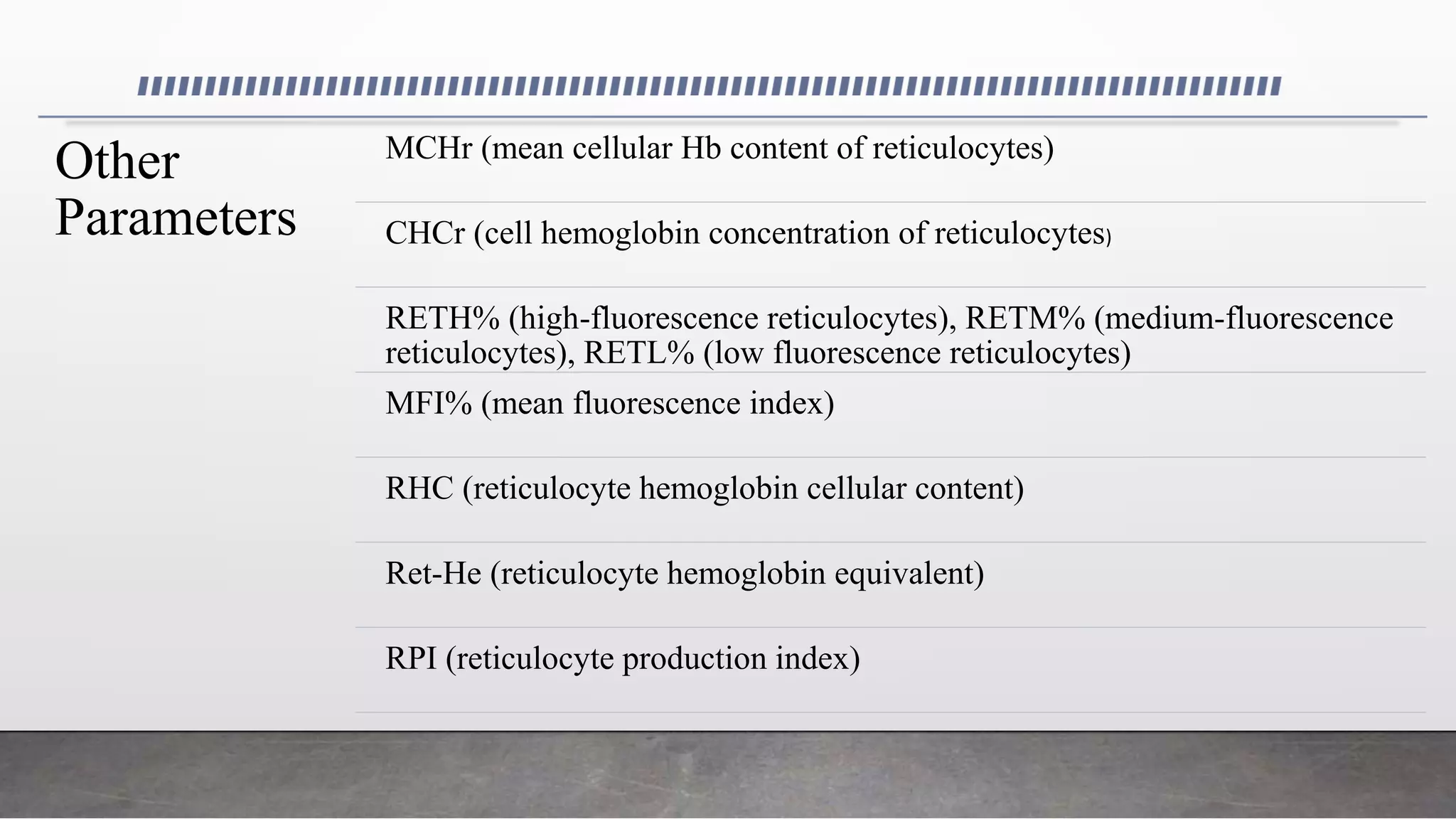 Other
Parameters
MCHr (mean cellular Hb content of reticulocytes)
CHCr (cell hemoglobin concentration of reticulocytes)
RETH% (high-fluorescence reticulocytes), RETM% (medium-fluorescence
reticulocytes), RETL% (low fluorescence reticulocytes)
MFI% (mean fluorescence index)
RHC (reticulocyte hemoglobin cellular content)
Ret-He (reticulocyte hemoglobin equivalent)
RPI (reticulocyte production index)
 