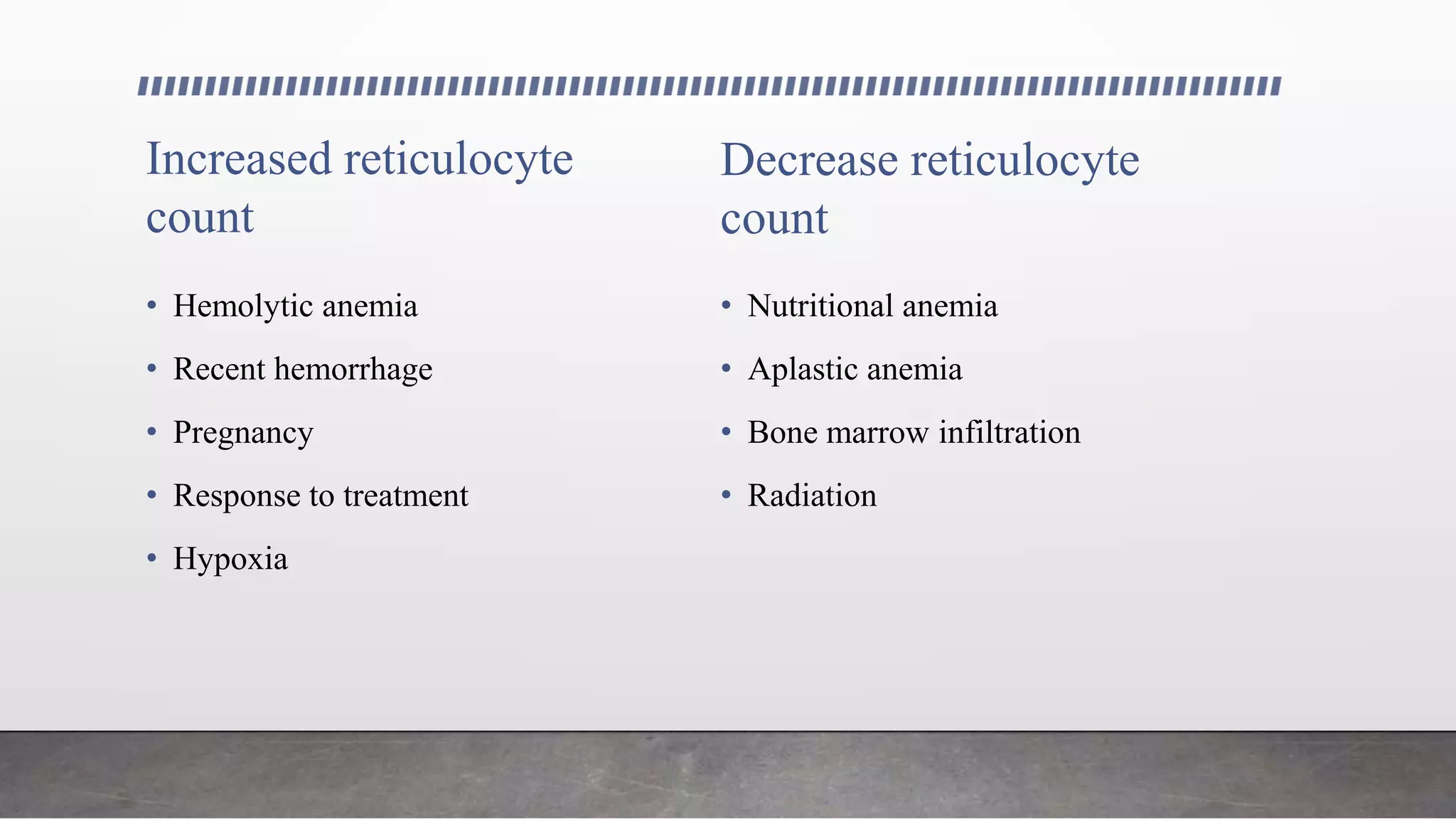 Increased reticulocyte
count
• Hemolytic anemia
• Recent hemorrhage
• Pregnancy
• Response to treatment
• Hypoxia
Decrease reticulocyte
count
• Nutritional anemia
• Aplastic anemia
• Bone marrow infiltration
• Radiation
 