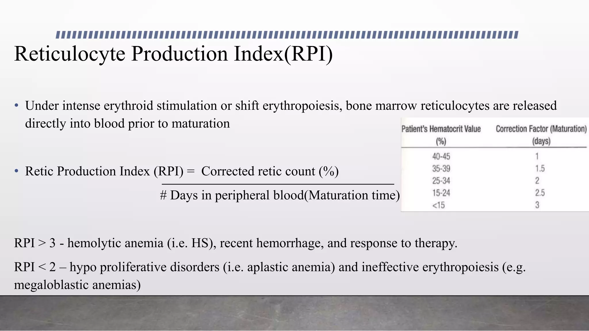 Reticulocyte Production Index(RPI)
• Under intense erythroid stimulation or shift erythropoiesis, bone marrow reticulocytes are released
directly into blood prior to maturation
• Retic Production Index (RPI) = Corrected retic count (%)
# Days in peripheral blood(Maturation time)
RPI > 3 - hemolytic anemia (i.e. HS), recent hemorrhage, and response to therapy.
RPI < 2 – hypo proliferative disorders (i.e. aplastic anemia) and ineffective erythropoiesis (e.g.
megaloblastic anemias)
 
