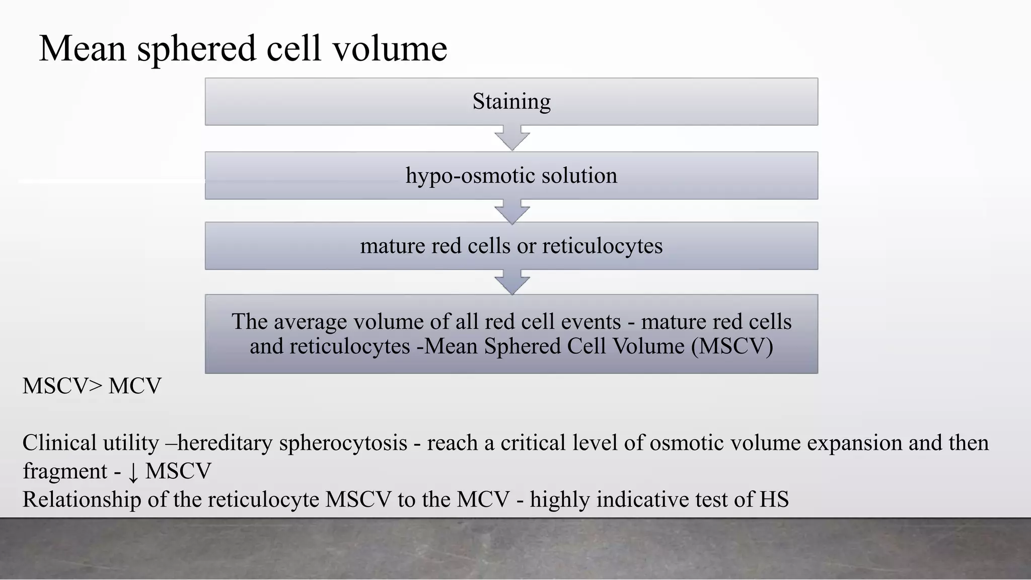Mean sphered cell volume
The average volume of all red cell events - mature red cells
and reticulocytes -Mean Sphered Cell Volume (MSCV)
mature red cells or reticulocytes
hypo-osmotic solution
Staining
MSCV> MCV
Clinical utility –hereditary spherocytosis - reach a critical level of osmotic volume expansion and then
fragment - ↓ MSCV
Relationship of the reticulocyte MSCV to the MCV - highly indicative test of HS
 