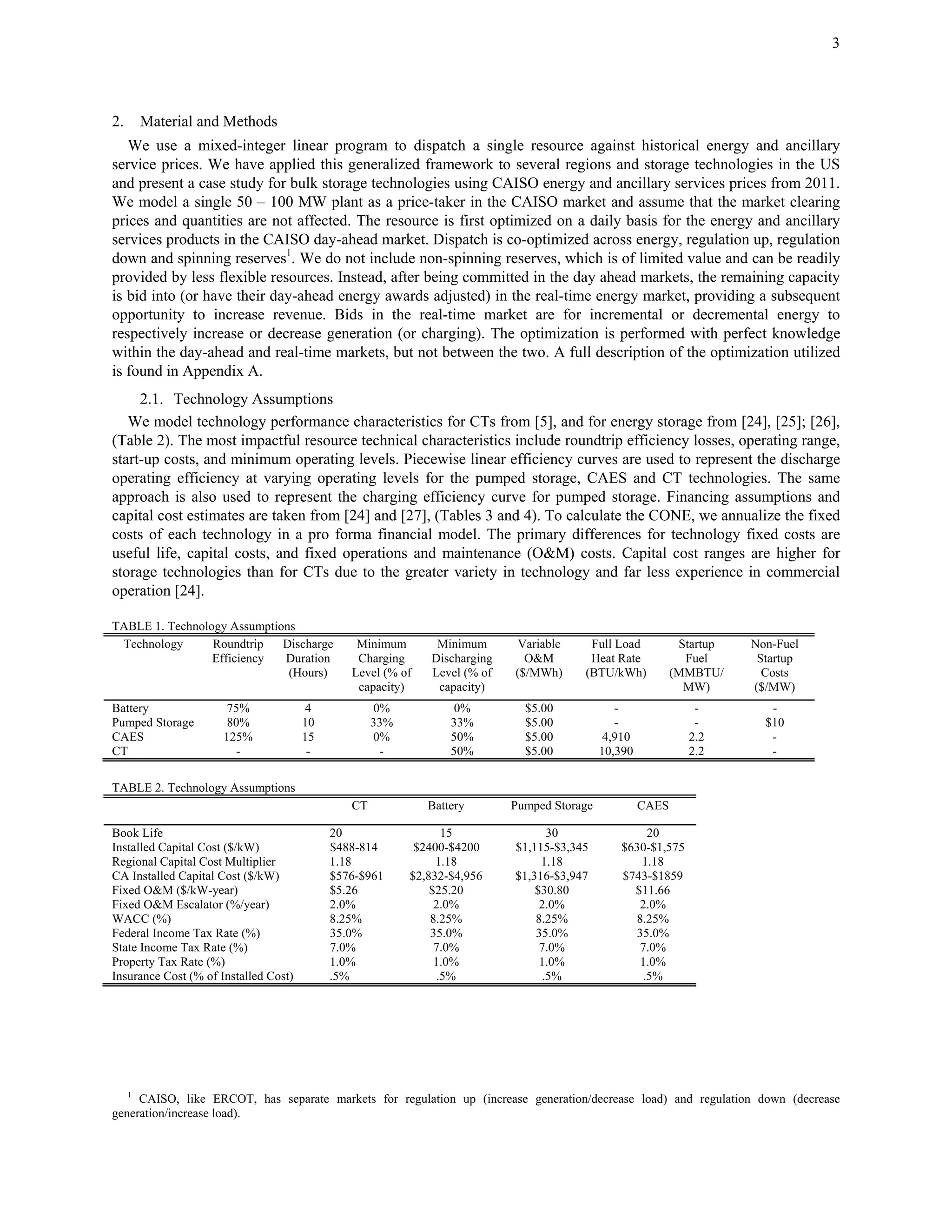 3
2. Material and Methods
We use a mixed-integer linear program to dispatch a single resource against historical energy and ancillary
service prices. We have applied this generalized framework to several regions and storage technologies in the US
and present a case study for bulk storage technologies using CAISO energy and ancillary services prices from 2011.
We model a single 50 – 100 MW plant as a price-taker in the CAISO market and assume that the market clearing
prices and quantities are not affected. The resource is first optimized on a daily basis for the energy and ancillary
services products in the CAISO day-ahead market. Dispatch is co-optimized across energy, regulation up, regulation
down and spinning reserves1
. We do not include non-spinning reserves, which is of limited value and can be readily
provided by less flexible resources. Instead, after being committed in the day ahead markets, the remaining capacity
is bid into (or have their day-ahead energy awards adjusted) in the real-time energy market, providing a subsequent
opportunity to increase revenue. Bids in the real-time market are for incremental or decremental energy to
respectively increase or decrease generation (or charging). The optimization is performed with perfect knowledge
within the day-ahead and real-time markets, but not between the two. A full description of the optimization utilized
is found in Appendix A.
2.1. Technology Assumptions
We model technology performance characteristics for CTs from [5], and for energy storage from [24], [25]; [26],
(Table 2). The most impactful resource technical characteristics include roundtrip efficiency losses, operating range,
start-up costs, and minimum operating levels. Piecewise linear efficiency curves are used to represent the discharge
operating efficiency at varying operating levels for the pumped storage, CAES and CT technologies. The same
approach is also used to represent the charging efficiency curve for pumped storage. Financing assumptions and
capital cost estimates are taken from [24] and [27], (Tables 3 and 4). To calculate the CONE, we annualize the fixed
costs of each technology in a pro forma financial model. The primary differences for technology fixed costs are
useful life, capital costs, and fixed operations and maintenance (O&M) costs. Capital cost ranges are higher for
storage technologies than for CTs due to the greater variety in technology and far less experience in commercial
operation [24].
TABLE 1. Technology Assumptions
Technology Roundtrip
Efficiency
Discharge
Duration
(Hours)
Minimum
Charging
Level (% of
capacity)
Minimum
Discharging
Level (% of
capacity)
Variable
O&M
($/MWh)
Full Load
Heat Rate
(BTU/kWh)
Startup
Fuel
(MMBTU/
MW)
Non-Fuel
Startup
Costs
($/MW)
Battery 75% 4 0% 0% $5.00 - - -
Pumped Storage 80% 10 33% 33% $5.00 - - $10
CAES 125% 15 0% 50% $5.00 4,910 2.2 -
CT - - - 50% $5.00 10,390 2.2 -
TABLE 2. Technology Assumptions
CT Battery Pumped Storage CAES
Book Life 20 15 30 20
Installed Capital Cost ($/kW) $488-814 $2400-$4200 $1,115-$3,345 $630-$1,575
Regional Capital Cost Multiplier 1.18 1.18 1.18 1.18
CA Installed Capital Cost ($/kW) $576-$961 $2,832-$4,956 $1,316-$3,947 $743-$1859
Fixed O&M ($/kW-year) $5.26 $25.20 $30.80 $11.66
Fixed O&M Escalator (%/year) 2.0% 2.0% 2.0% 2.0%
WACC (%) 8.25% 8.25% 8.25% 8.25%
Federal Income Tax Rate (%) 35.0% 35.0% 35.0% 35.0%
State Income Tax Rate (%) 7.0% 7.0% 7.0% 7.0%
Property Tax Rate (%) 1.0% 1.0% 1.0% 1.0%
Insurance Cost (% of Installed Cost) .5% .5% .5% .5%
1
CAISO, like ERCOT, has separate markets for regulation up (increase generation/decrease load) and regulation down (decrease
generation/increase load).
 