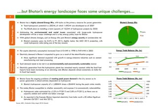 …but Bhutan’s energy landscape faces some unique challenges… 
Bhutan’s Energy Mix 
98% 
2% 
Hydro 
Oil 
n Bhutan has a highly skewed Energy Mix, with hydro as the primary resource for power generation 
n Total hydropower potential is c.30GW, of which 1.49GW was developed as of 2007 
n The RGoB plans on installing a total capacity of 10,GW of hydropower projects by 2020 
n Addressing the environmental and social issues associated with large-scale hydropower 
development will be a major challenge and is a key energy policy issue for Bhutan 
n With global climate changes, such an Energy Mix puts Bhutan’s energy security at considerable risk 
n Bhutan’s economy grew by 8.4% in FY 2013, slightly below the ADO 2013 projection, with 
weak hydropower sales being one of the key reasons 
Skewed Energy Mix 
n Per-capita electricity consumption increased from 610 kWh in 1998 to 949 kWh in 2003 
n Electricity demand in Bhutan is expected to grow as a result of the electrification program 
n More significant demand expected with growth in energy-intensive industries such as cement 
manufacturing and steel processing 
n Such demand needs to be met in an environmentally and economically sustainable manner 
n Electricity generation from the hydropower plants has remained nearly constant while the fossil fuel 
imports have been increasing at an alarming rate (Bhutan depends almost exclusively on India for 
its fossil fuel needs) 
Increasing Energy 
Demand 
n Bhutan faces the ongoing problems of meeting peak power demand in the dry season as its 
power generation is almost entirely dependent on hydropower 
n Bhutan’s hydropower capacity of c.1,488MW drops c.284MW during the peak winter months 
n This makes Bhutan susceptible to whether seasonality and exposes it to economically vulnerabilities 
between Oct’2011 and Mar’2012, Seasonality 
n Hydropower sales contracted by c.2.5% in FY2013 and 3.8% in FY2012, as there was no 
capacity added and rainfall was below average 
n As reported in the Kuensel, Bhutan imported electricity from India worth c.30 million Ngultrum 
Energy Trade Balance (Nu. bn) 
4.0 
9.0 
10.0 10.0 
2.7 2.9 4.6 
5.5 
15.0 
10.0 
5.0 
0.0 
2008 2009 2010 2011 
Hydropower Fuel 
1000 
800 
600 
400 
200 
0 
6.00 
5.00 
4.00 
3.00 
2.00 
1.00 
0.00 
Power Trade Balance (Nu. mn) 
OCT'11 NOV'11 DEC'11 JAN'12 FEB'12 MAR'12 
IMPORTS GENERATION 
Source: ADB – Evaluation Study, August 2010; Kuensel, 
3 
 