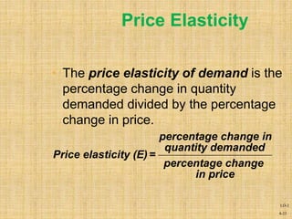 4-23
• The price elasticity of demand is the
percentage change in quantity
demanded divided by the percentage
change in price.
Price elasticity (E)=
percentage change in
quantity demanded
percentage change
in price
Price Elasticity
LO-2
 