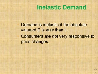 4-27
Inelastic Demand
• Demand is inelastic if the absolute
value of E is less than 1.
• Consumers are not very responsive to
price changes.
LO-2
 
