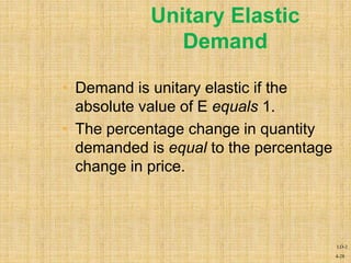 4-28
Unitary Elastic
Demand
• Demand is unitary elastic if the
absolute value of E equals 1.
• The percentage change in quantity
demanded is equal to the percentage
change in price.
LO-2
 
