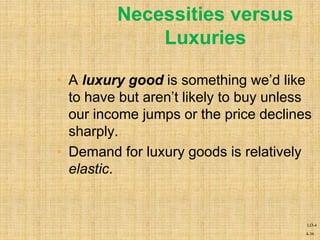 4-36
• A luxury good is something we’d like
to have but aren’t likely to buy unless
our income jumps or the price declines
sharply.
• Demand for luxury goods is relatively
elastic.
Necessities versus
Luxuries
LO-4
 