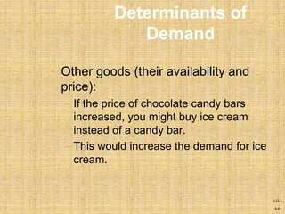 4-6
• Other goods (their availability and
price):
– If the price of chocolate candy bars
increased, you might buy ice cream
instead of a candy bar.
– This would increase the demand for ice
cream.
Determinants of
Demand
LO-1
 