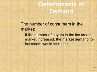 4-7
• The number of consumers in the
market:
– If the number of buyers in the ice cream
market increased, the market demand for
ice cream would increase.
Determinants of
Demand
LO-1
 