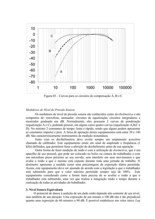 -80
-70
-60
-50
-40
-30
-20
-10
0
10
1 10 100 1000 10000 100000
Figura 03 – Curvas para os circuitos de compensação A, B e C
Medidores de Nível de Pressão Sonora
Os medidores de nível de pressão sonora são conhecidos como decibelímetros e são
compostos de: microfone, atenuador, circuitos de equalização, circuitos integradores e
mostrador graduado em dB. Normalmente, eles possuem 2 curvas de ponderação
(equalização A e C), podendo possuir, em alguns casos quatro curvas (equalização A,B,C e
D). No mínimo 2 constantes de tempo: lenta e rápida, sendo que alguns podem apresentar
as constantes impulso e pico. A faixa de operação destes equipamentos está entre 30 e 140
dB. São caracteristicamente instrumentos de medição instantânea.
Junto com os decibelímetros deve existir sempre um euipamento acessório
chamado de calibrador. Este equipamento emite um sinal de amplitude e freqüência (1
kHz) definidos, que permitem fazer a aferição do decibelímetro antes de sua operação.
Outra forma de fazer medição de ruído é com a utilização de dosímetros, que é um
aparelho de uso pessoal, que pode ser colocado no bolso ou cintura do trabalhador e com
um microfone preso próximo ao seu ouvido, sem interferir em seus movimentos e que
avalia o ruído a que o mesmo está exposto durante toda uma jornada de trabalho. O
dosímetro apresenta a medida como uma porcentagem da exposição diária permitida.
Assim, este equipamento deve ser ajustado de acordo com a legislação a que o trabalhador
está submetido para que o valor máximo permitido sempre seja de 100%. Este
equipamento considerado como a forma mais precisa de se avaliar o ruído a que o
trabalhador está submetido, uma vez que realiza a integração ruído x tempo durante a
realização de todas as atividades do trabalhador.
3. Nível Sonoro Equivalente
O potencial de danos à audição de um dado ruído depende não somente de seu nível,
mas também de sua duração. Uma exposição de um minuto a 100 dB não é tão prejudicial
quanto uma exposição de 60 minutos a 90 dB. É possível estabelecer um valor único Leq
A
B
C
 