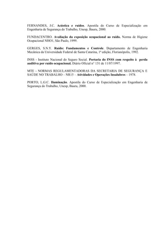 FERNANDES, J.C. Acústica e ruídos. Apostila do Curso de Especialização em
Engenharia de Segurança do Trabalho, Unesp, Bauru, 2000.
FUNDACENTRO. Avaliação da exposição ocupacional ao ruído. Norma de Higiene
Ocupacional NHO1, São Paulo, 1999.
GERGES, S.N.Y. Ruído: Fundamentos e Controle. Departamento de Engenharia
Mecânica da Universidade Federal de Santa Catarina, 1ª edição, Florianópolis, 1992.
INSS - Instituto Nacional do Seguro Social. Portaria do INSS com respeito à perda
auditiva por ruído ocupacional. Diário Oficial n° 131 de 11/07/1997.
MTE - NORMAS REGULAMENTADORAS DA SECRETARIA DE SEGURANÇA E
SAÚDE NO TRABALHO – NR15 – Atividades e Operações Insalubres – 1978.
PORTO, L.G.C. Iluminação. Apostila do Curso de Especialização em Engenharia de
Segurança do Trabalho, Unesp, Bauru, 2000.
 