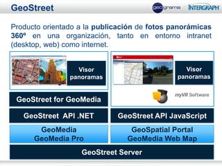 GeoStreet

Producto orientado a la publicación de fotos panorámicas
360º en una organización, tanto en entorno intranet
(desktop, web) como internet.


                  Visor                         Visor
                panoramas                     panoramas


 GeoStreet for GeoMedia

   GeoStreet API .NET        GeoStreet API JavaScript
       GeoMedia                  GeoSpatial Portal
      GeoMedia Pro              GeoMedia Web Map
                   GeoStreet Server
 