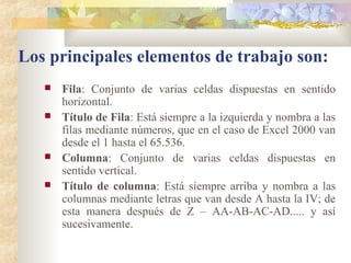 Los principales elementos de trabajo son:
 Fila: Conjunto de varias celdas dispuestas en sentido
horizontal.
 Título de Fila: Está siempre a la izquierda y nombra a las
filas mediante números, que en el caso de Excel 2000 van
desde el 1 hasta el 65.536.
 Columna: Conjunto de varias celdas dispuestas en
sentido vertical.
 Título de columna: Está siempre arriba y nombra a las
columnas mediante letras que van desde A hasta la IV; de
esta manera después de Z – AA-AB-AC-AD..... y así
sucesivamente.
 