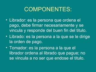 COMPONENTES: Librador: es la persona que ordena el pago, debe firmar necesariamente y se vincula y responde del buen fin del titulo. Librado: es la persona a la que se le dirige la orden de pago. Tomador: es la persona a la que el librador ordena al librado que pague; no se vincula a no ser que endose el titulo. 