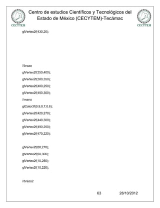 Centro de estudios Científicos y Tecnológicos del
       Estado de México (CECYTEM)-Tecámac

glVertex2f(430,20);




//brazo

glVertex2f(350,400);

glVertex2f(300,350);

glVertex2f(400,250);

glVertex2f(450,300);

//mano

glColor3f(0.9,0.7,0.6);

glVertex2f(420,270);

glVertex2f(440,300);

glVertex2f(490,250);

glVertex2f(470,220);



glVertex2f(80,270);

glVertex2f(60,300);

glVertex2f(10,250);

glVertex2f(10,220);



//brazo2


                                    63         28/10/2012
 