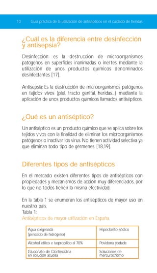 10 Guía práctica de la utilización de antisépticos en el cuidado de heridas 
¿Cuál es la diferencia entre desinfección 
y antisepsia? 
Desinfección: es la destrucción de microorganismos 
patógenos en superficies inanimadas o inertes mediante la 
utilización de unos productos químicos denominados 
desinfectantes [17]. 
Antisepsia: Es la destrucción de microorganismos patógenos 
en tejidos vivos (piel, tracto genital, heridas...) mediante la 
aplicación de unos productos químicos llamados antisépticos. 
¿Qué es un antiséptico? 
Un antiséptico es un producto químico que se aplica sobre los 
tejidos vivos con la finalidad de eliminar los microorganismos 
patógenos o inactivar los virus. No tienen actividad selectiva ya 
que eliminan todo tipo de gérmenes. [18,19]. 
Diferentes tipos de antisépticos 
En el mercado existen diferentes tipos de antisépticos con 
propiedades y mecanismos de acción muy diferenciados, por 
lo que no todos tienen la misma efectividad. 
En la tabla 1 se enumeran los antisépticos de mayor uso en 
nuestro país. 
Tabla 1: 
Antisépticos de mayor utilización en España 
Agua oxigenada Hipoclorito sódico 
(peroxido de hidrógeno) 
Alcohol etílico e isopropílico al 70% Povidona yodada 
Gluconato de Clorhexidina Soluciones de 
en solución acuosa mercurocromo 
 
