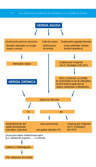 18 Guía práctica de la utilización de antisépticos en el cuidado de heridas 
HERIDA AGUDA 
Cicatrización primera intención Fallo de sutura Cicatrización segunda intención 
(heridas suturadas en cirugía 
mayor y menor) 
HERIDA CRÓNICA 
(dehiscencia 
de herida) 
(sinus pilonidal, fístulas, 
herida traumática) 
Desbridamiento del 
tejido desvitalizado 
Si No 
Zona perilesional 
(necrótico, esfacelos) (ver puntos reflexión nº2) 
(Si persisten signos: Antibacteriano tópico 
(p.e. Sulfadiacina argéntica,... - 2 semanas) 
Cultivo (+) Antibiograma 
TTO. Sistémico Y/o LOCAL 
EN EL LECHO DE LA LESIÓN 
Se recomienda el uso de antiséptico 
24-48 h hasta la aparición de 
células endoteliales y fibroblastos. 
Antiséptico tópico 
Signos de infección 
Limpieza por irrigación 
con S. Fisiológico (30-35ºC) 
Limpieza por irrigación 
con S. Fisiológico 
(30-35ºC) 
 