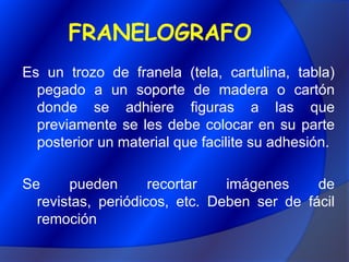 FRANELOGRAFOEs un trozo de franela (tela, cartulina, tabla) pegado a un soporte de madera o cartón donde se adhiere figuras a las que previamente se les debe colocar en su parte posterior un material que facilite su adhesión. Se pueden recortar imágenes de revistas, periódicos, etc. Deben ser de fácil remoción