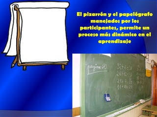 El pizarrón y el papelógrafo manejados por los participantes, permite un proceso más dinámico en el aprendizaje