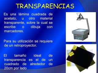 TRANSPARENCIASEs una lámina cuadrada de acetato, u otro material transparente, sobre la cual se escribe o dibuja con marcadores.Para su utilización se requiere de un retroproyector.El tamaño ideal de transparencia es el de un cuadrado de alrededor de 20cm por lado