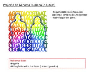 Projecto do Genoma Humano (e outros) - Sequenciação: identificação da sequência  completa dos nucleótidos - Identificação dos genes Problemas éticos Eugenia - Utilização indevida dos dados (racismo genético) 