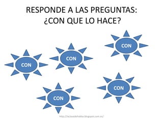 RESPONDE A LAS PREGUNTAS:
¿CON QUE LO HACE?
CON
CON
CON
CON
CON
http://laclasedehablar.blogspot.com.es/