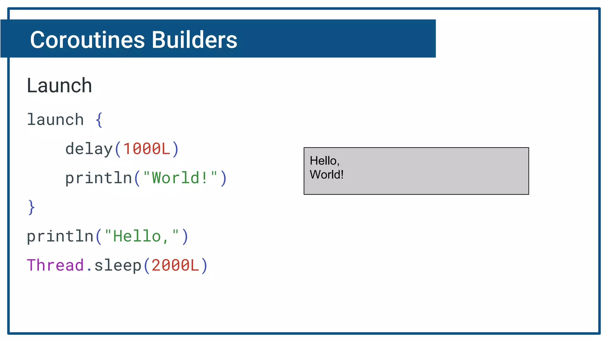 Coroutines Builders
Launch
launch {
delay(1000L)
println("World!")
}
println("Hello,")
Thread.sleep(2000L)
Hello,
World!
 