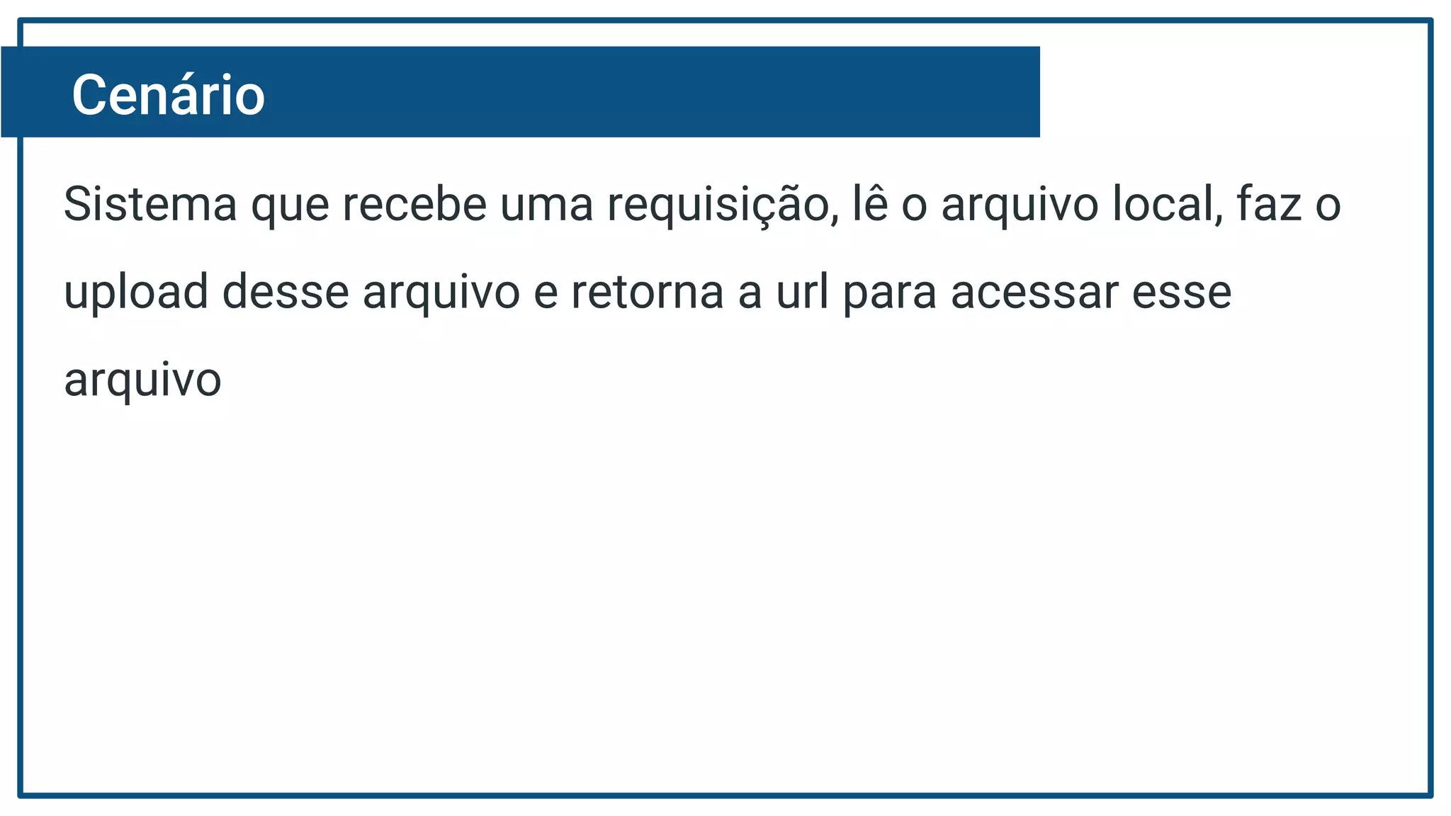 Cenário
Sistema que recebe uma requisição, lê o arquivo local, faz o
upload desse arquivo e retorna a url para acessar esse
arquivo
 
