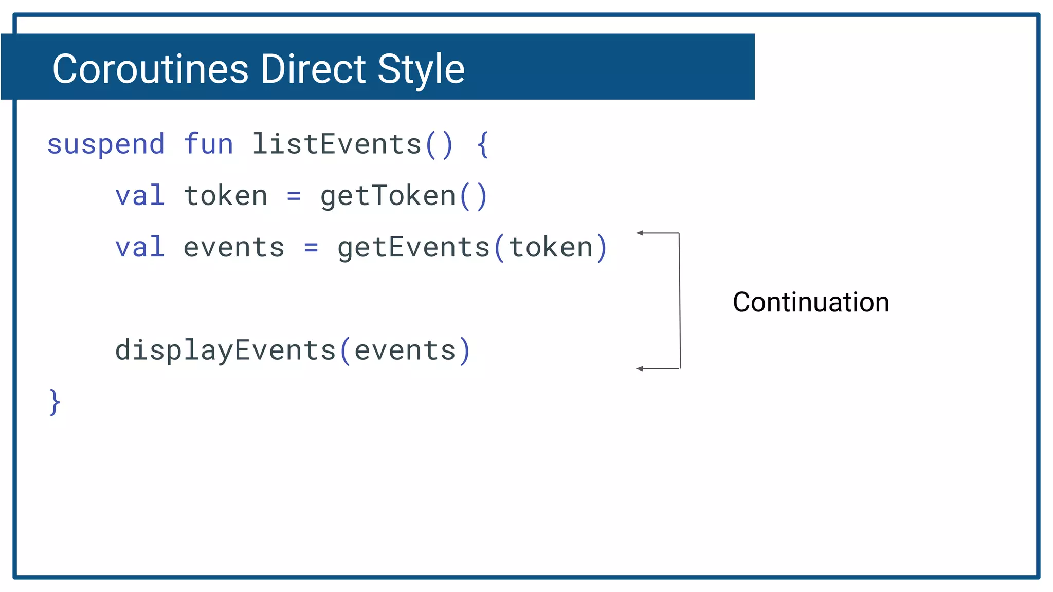 Coroutines Direct Style
suspend fun listEvents() {
val token = getToken()
val events = getEvents(token)
displayEvents(events)
}
Continuation
 