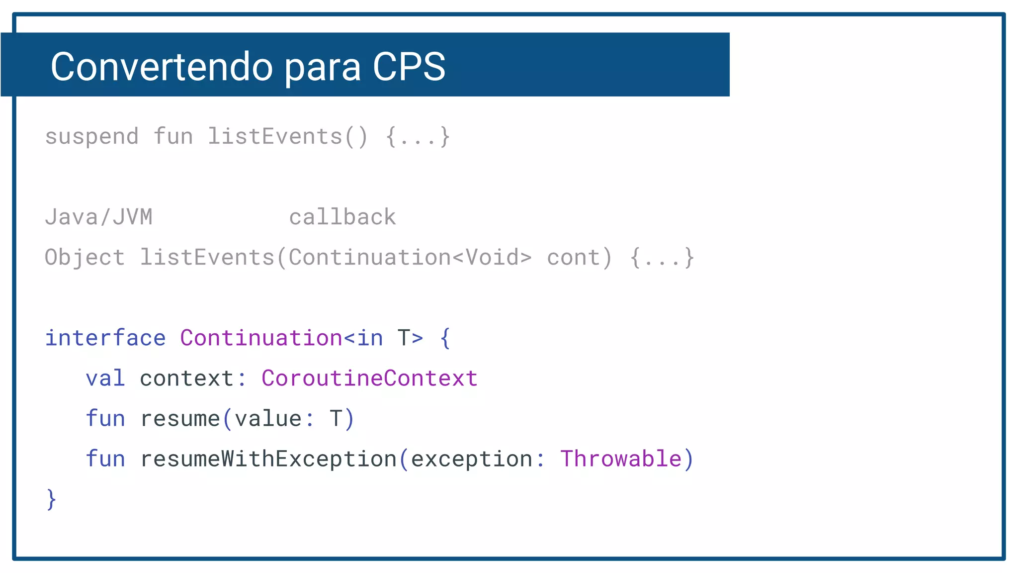Convertendo para CPS
suspend fun listEvents() {...}
Java/JVM callback
Object listEvents(Continuation<Void> cont) {...}
interface Continuation<in T> {
val context: CoroutineContext
fun resume(value: T)
fun resumeWithException(exception: Throwable)
}
 