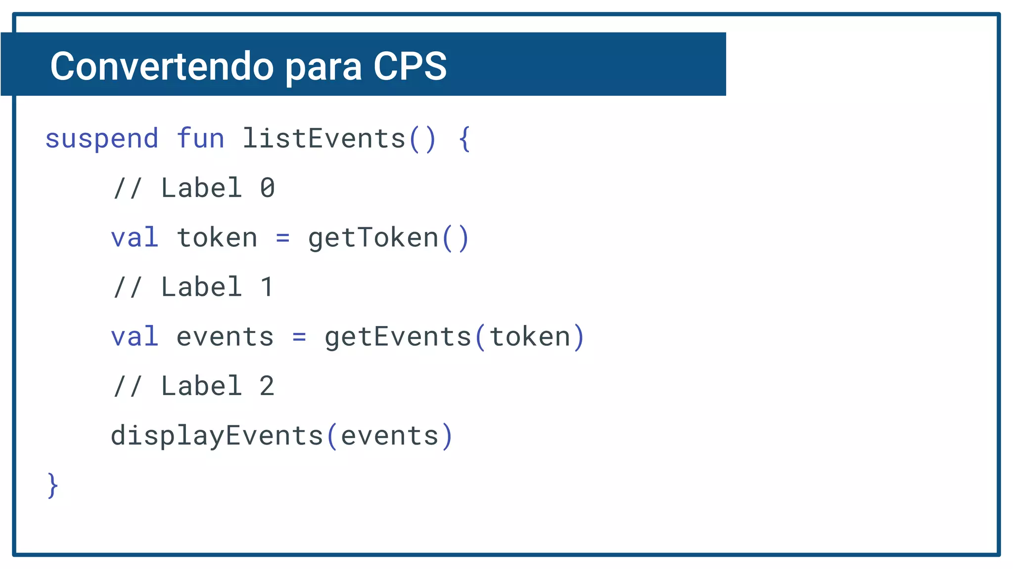 Convertendo para CPS
suspend fun listEvents() {
// Label 0
val token = getToken()
// Label 1
val events = getEvents(token)
// Label 2
displayEvents(events)
}
 