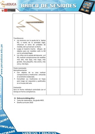 Transferencia
 Los alumnos con la ayuda de la laptop
XO, a través de la actividad regla,
refuerzan el tema de unidades de
medida, del cual extraen al diario.
 Luego el maestro inserta dibujos de
objetos para ser medidos co0n la XO
con la actividad Regla.
 Los niños con la ayuda del docente y el
XO, realizan comparaciones de medidas
más alto, más bajo, más largo, más
grande, más pequeño, más ancho, más
cerca, más lejos.
Final o conclusión
Retroalimentación
 Con objetos de su casa realizan
comparaciones y mediciones utilizando
el centímetro elaborado.
 Consolidan sus mediciones en hojas
para luego ser expuestos y publicados
en el museo del aula.
Evaluación
Será en forma individual controlada con el
tiempo en forma competencia.
IV. Referencia bibliográfica:
 Texto de matemática 2to grado MED
 Diseño curricular 2010
 