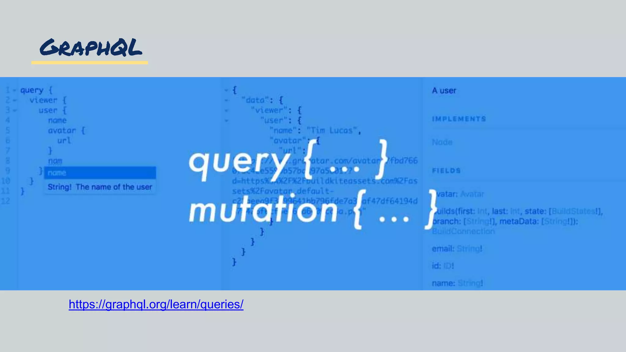 GraphQL
https://graphql.org/learn/queries/
 