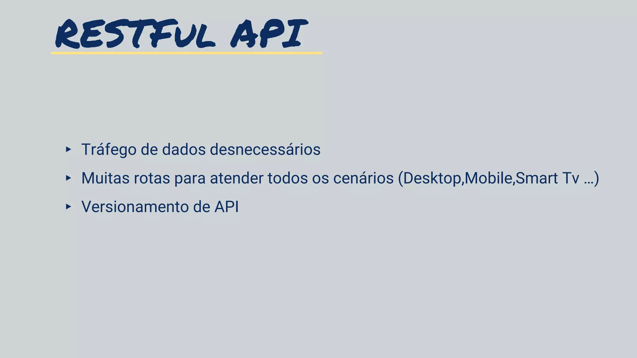RESTFul API
▸ Tráfego de dados desnecessários
▸ Muitas rotas para atender todos os cenários (Desktop,Mobile,Smart Tv …)
▸ Versionamento de API
 