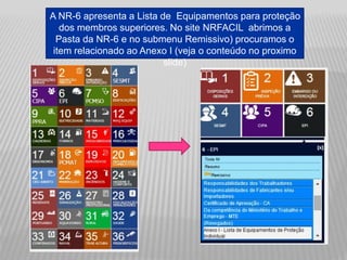 A NR-6 apresenta a Lista de Equipamentos para proteção
dos membros superiores. No site NRFACIL abrimos a
Pasta da NR-6 e no submenu Remissivo) procuramos o
item relacionado ao Anexo I (veja o conteúdo no proximo
slide)
 