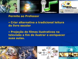 Permite ao Professor Criar alternativa a tradicional leitura do livro escolar  Projeção de filmes ilustrativos na televisão a fim de ilustrar e enriquecer suas aulas. 