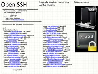 Logs do servidor antes das                           Estudo de caso
Open SSH
################### Logwatch 7.3 (03/24/06) ####################
                                                                configurações

   Processing Initiated: Tue Jan 18 04:02:05 2011
   Date Range Processed: yesterday
                ( 2011-Jan-17 )
                Period is day.
  Detail Level of Output: 0
      Type of Output: unformatted
    Logfiles for Host: hammer.boobow.net
##################################################################

--------------------- pam_unix Begin ------------------------
                                                                     rpcuser (car.colorado.edu): 4 Time(s)
sshd:                                                                sshd (car.colorado.edu): 4 Time(s)
 Authentication Failures:                                            vcsa (car.colorado.edu): 4 Time(s)
   unknown (car.colorado.edu): 1594 Time(s)                          xfs (car.colorado.edu): 4 Time(s)
   root (car.colorado.edu): 858 Time(s)                              ftp (h1605.n2.ips.mtn.co.ug): 3 Time(s)
   unknown (h1605.n2.ips.mtn.co.ug): 323 Time(s)                     root (190.233.11.107): 3 Time(s)
   root (h1605.n2.ips.mtn.co.ug): 30 Time(s)                         bin (h1605.n2.ips.mtn.co.ug): 2 Time(s)
   adm (car.colorado.edu): 12 Time(s)                                nobody (h1605.n2.ips.mtn.co.ug): 2 Time(s)
   lp (car.colorado.edu): 8 Time(s)                                  sshd (h1605.n2.ips.mtn.co.ug): 2 Time(s)
   smmsp (car.colorado.edu): 8 Time(s)                               uucp (h1605.n2.ips.mtn.co.ug): 2 Time(s)
   apache (car.colorado.edu): 7 Time(s)                              adm (h1605.n2.ips.mtn.co.ug): 1 Time(s)
   ftp (car.colorado.edu): 6 Time(s)                                 daemon (h1605.n2.ips.mtn.co.ug): 1 Time(s)
   mail (car.colorado.edu): 6 Time(s)                                games (h1605.n2.ips.mtn.co.ug): 1 Time(s)
   rpc (car.colorado.edu): 6 Time(s)                                 gopher (h1605.n2.ips.mtn.co.ug): 1 Time(s)
   sync (car.colorado.edu): 6 Time(s)                                halt (h1605.n2.ips.mtn.co.ug): 1 Time(s)
   uucp (car.colorado.edu): 6 Time(s)                                ldap (car.colorado.edu): 1 Time(s)
   bin (car.colorado.edu): 5 Time(s)                                 lp (h1605.n2.ips.mtn.co.ug): 1 Time(s)
   named (car.colorado.edu): 5 Time(s)                               mail (h1605.n2.ips.mtn.co.ug): 1 Time(s)
   daemon (car.colorado.edu): 4 Time(s)                              mailnull (h1605.n2.ips.mtn.co.ug): 1 Time(s)
   games (car.colorado.edu): 4 Time(s)                               named (h1605.n2.ips.mtn.co.ug): 1 Time(s)
   gopher (car.colorado.edu): 4 Time(s)                              news (h1605.n2.ips.mtn.co.ug): 1 Time(s)
   mailnull (car.colorado.edu): 4 Time(s)                            nfsnobody (h1605.n2.ips.mtn.co.ug): 1 Time(s)
   news (car.colorado.edu): 4 Time(s)                                nscd (h1605.n2.ips.mtn.co.ug): 1 Time(s)

 ---------------------- pam_unix End -
------------------------
 