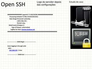 Logs do servidor depois   Estudo de caso
Open SSH                                                      das configurações



  ################### Logwatch 7.3 (03/24/06) ####################
     Processing Initiated: Fri Mar 25 04:02:06 2011
     Date Range Processed: yesterday
                  ( 2011-Mar-24 )
                  Period is day.
    Detail Level of Output: 0
        Type of Output: unformatted
      Logfiles for Host: hammer.boobow.net
  ##################################################################




  --------------------- SSHD Begin ------------------------

  Users logging in through sshd:
   xpto:
    192.168.0.95: 1 time

  ---------------------- SSHD End -------------------------
 